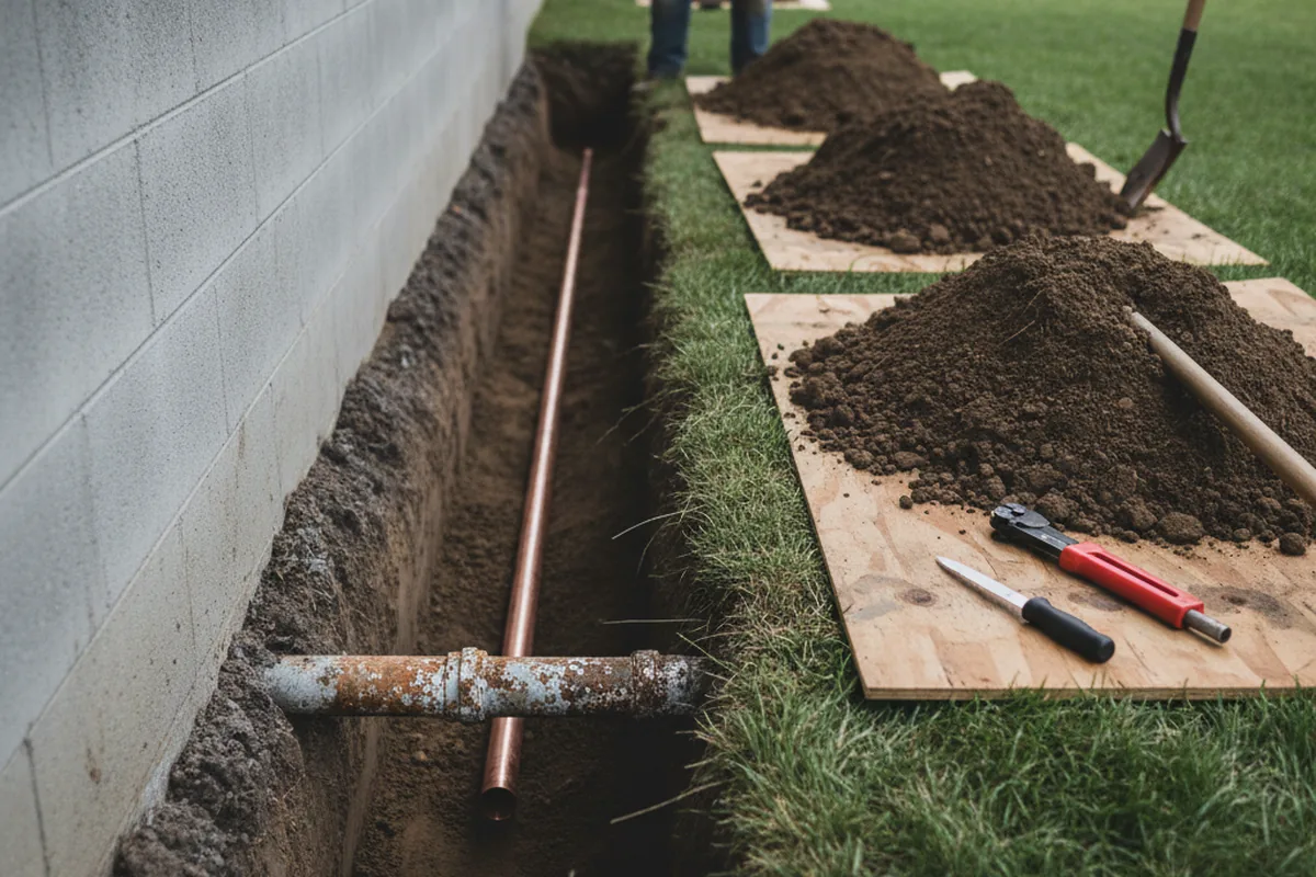 Excavated water line trench during Sewer Line Repair in Lacona